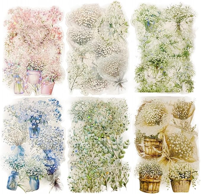 TIAMECH Studded Flowers PET Stickers - 60 Pcs Gypsophila with Stars Design, Waterproof Sticker for Journaling & Scrapbooking, Junk Journal Supplies, Ephemera & DIY Crafts