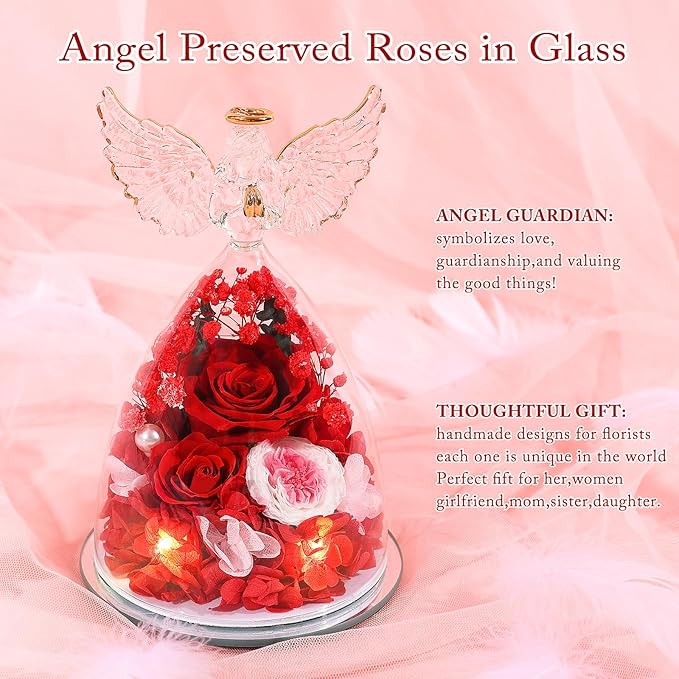 FIACO Gifts for Women Preserved Rose Forever Flower in Glass Angel Figurine Fresh Flowers for Delivery Mothers Day Birthday Gifts for Mom Grandma Wife Sister Red