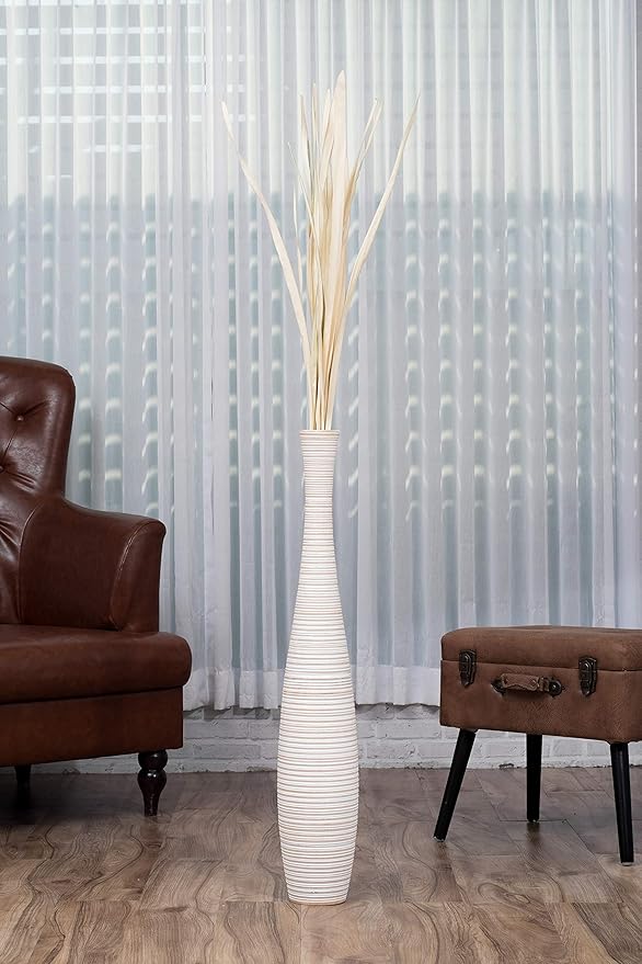 Leewadee Large White Wash Home Decor Floor Vase – Wooden 34 inches Tall Farmhouse Decor Flower Holder for Fake Plant and Pampas Grass