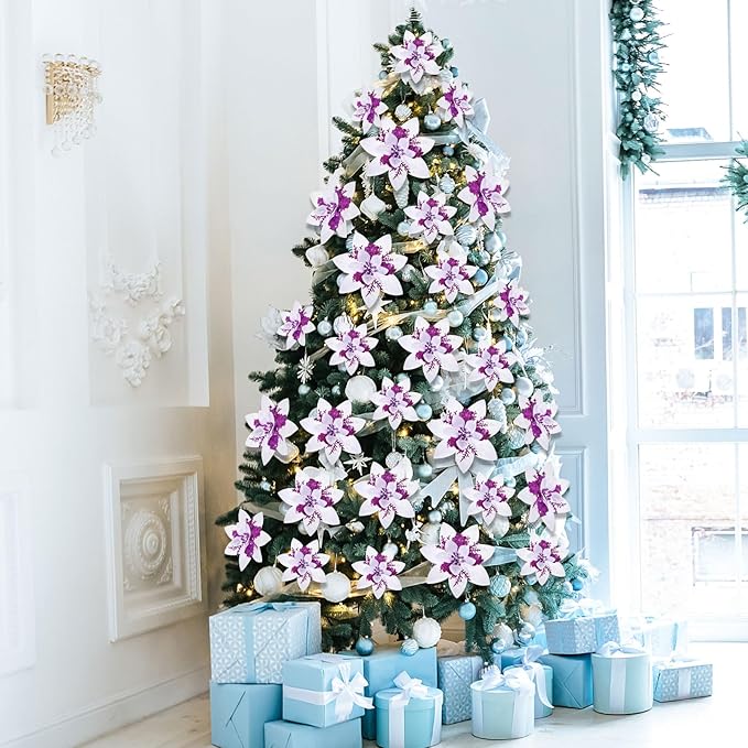 Geosar 24 Christmas Glitter Artificial Poinsettia Flowers Xmas Poinsettia Artificial Wedding Flowers Decorations Xmas Tree Ornaments with Clips for Party Favors, 6 Inch, 4 Inch, 3 Inch (White Purple)