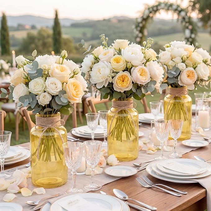 Vintage Glass Flower Vase，12 Pack Gold Amber Farmhouse Glass Centerpiece Vases Mason Jars for Weddings, Parties & Home Decor Bulk (12, Gold)