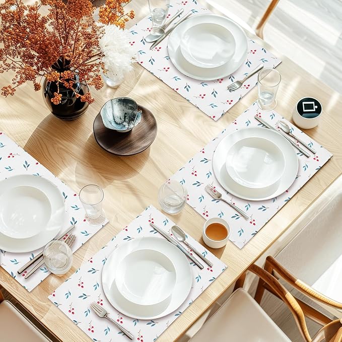 Cotton Linen Waterproof Placemats Set of 4, Berries Dining Mat Table Mats Decor Fabric for Kitchen Dinner Coffee Shop Table, Indoor/Outdoor Washable Wipeable Placemat -N033