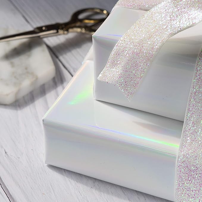 RUSPEPA Rainbow Shine White Metallic Wrapping Paper - 81.5 Sq Ft - Solid Color Paper Perfect for Wedding,Birthday,Christmas,Baby Show - 30 inches x 32.8 feet