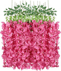 12PCS Artificial Wisteria Hanging Flowers 3.6ft Rose Red Fake Hanging Flowers Garland Silk Flowers Rattan String Faux Wisteria Vine for Garden Home Wedding Arch Decor (Rose Red)