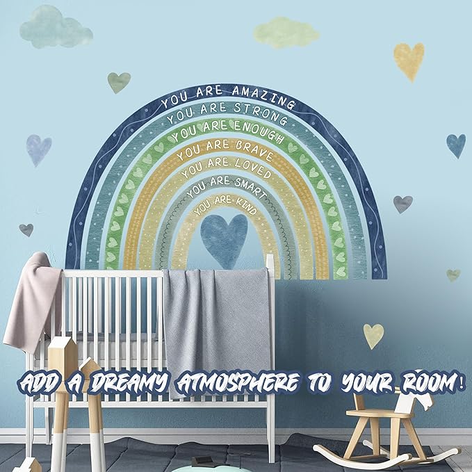 Watercolor Rainbow Wall Sticker Peel and Stick Kids Nursery Wall Decor Stickers Boho Blue Inspirational Walls Decals for Boys Bedroom You Are Decal Motivational Vinyl Art Murals for Baby Room Playroom