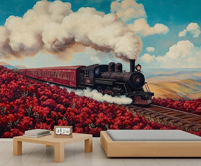 Vintage Train Wall Mural, Steam Engine Landscape 3D Wall Murals, Train Through Flower Field Wallpaper Mural, for Living Room Bedroom Large Wallpaper Indoor Decor 177.16" W x120 H