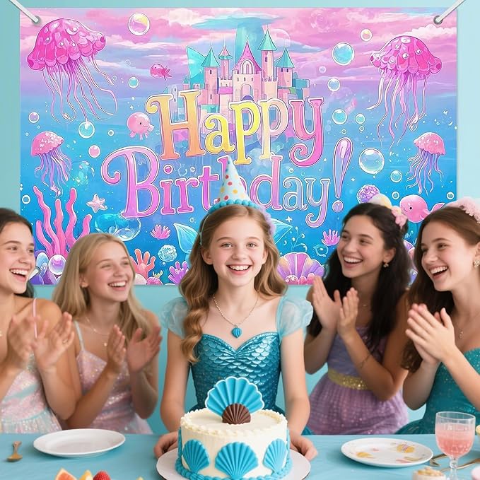 3x5ft Under The Sea Birthday Backdrop, Happy Birthday Decoration Background, Cute Cartoon Mermaid Theme Party Supplies Outdoor Indoor Photo Banner