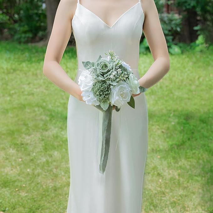 ponatia Sage Grenn Wedding Bouquets for Bride Bridesmaid, White Wedding Artificial Roses Flowers for Wedding Bouquets Ceremony, Anniversary (Sage Green & White)