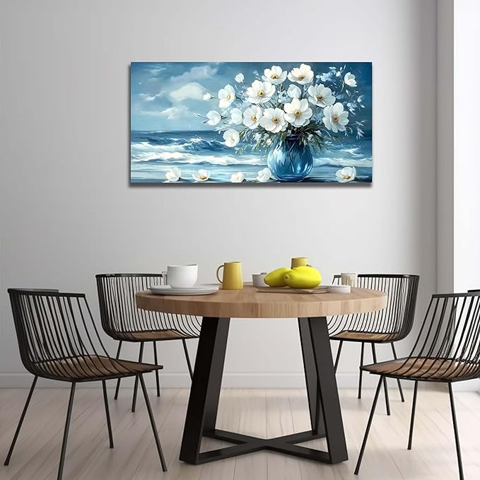Flower Wall Art for Living Room, Ocean Canvas Wall-Decor for Bedroom, Blue and White Picture Print Artwork for Office, Size 40 x 20 Inches
