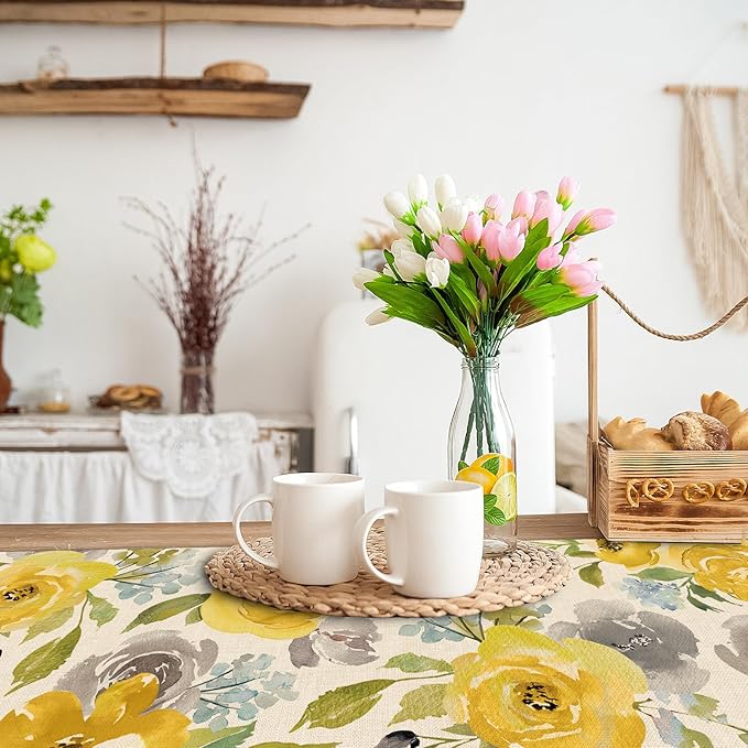 Seliem Spring Yellow Floral Flowers Table Runner, Rose Peony Watercolor Kitchen Dining Table Decor, Seasonal Summer Burlap Home Decoration Indoor Outdoor Party Supply 13 x 36 Inches