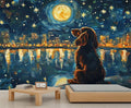 Dog and Moon Night Sky Wall Mural, Starry Night Cityscape 3D Wall Murals, Nighttime Dog Reflection Wallpaper Mural, for Living Room Bedroom Large Wallpaper Indoor Decor 169.3" W x118.2 H