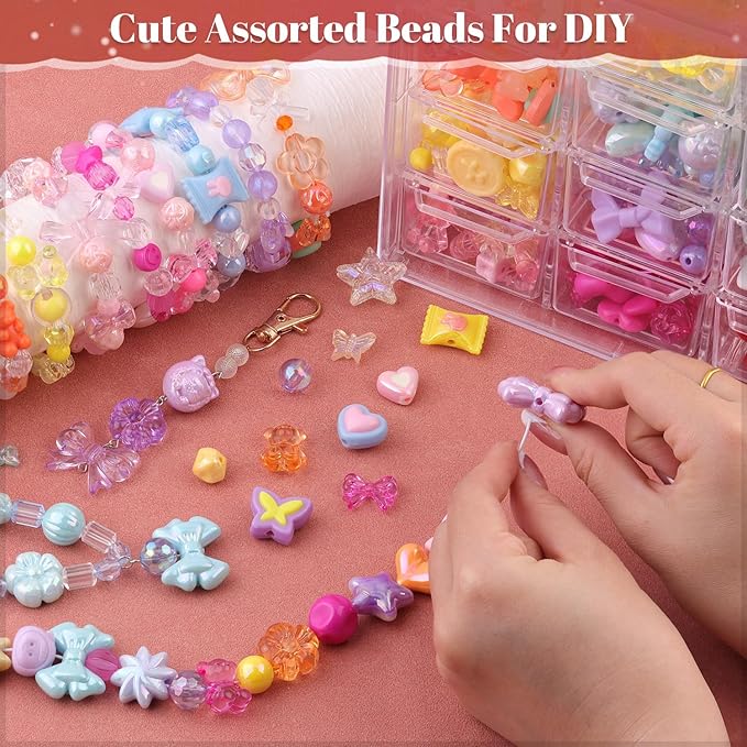 Assorted Acrylic Beads, 400-450PCS 6 Mixed Series Cute Beads for Bracelet Making, GummyBear Bow Flower Kawaii Charms for Jewelry Making DIY Necklace Keychain Phone Charm Christmas Gift