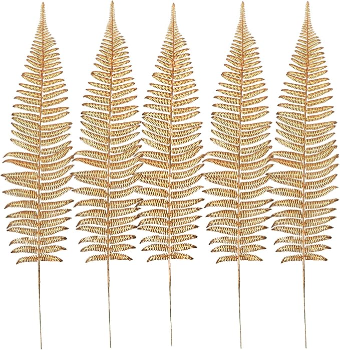 CATTREE Artificial Gold Fern Plants Large Leaves Tall 23" - 5 Pack, Fake Boston Ferns Golden Plant Decoration Plastic Faux Foliage Shrubs Simulated Leaf for Party Wedding Table Centerpiece DIY Décor