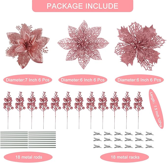 RECUTMS 66 Pcs 3 Styles Christmas Ornaments Christmas Glitter Poinsettia Flowers Artificial Christmas Tree Flower Decorations Wedding Wreath Floral Decorations (Rose Gold)