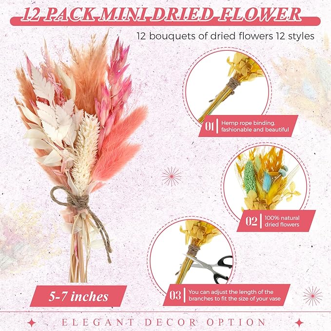 Layhit 12 Pack Boho Dried Flower Bouquet Mini Wedding Handmade Dry Flowers Decor for Vase Crafts DIY Photo Boutonniere for Men Floral Plant for Bridesmaid Gift Birthday Decor(Lively)