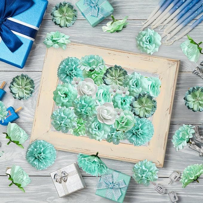70 pcs Mini Artificial Flowers Heads Mint Green Silk Peony Daisy Rose Bulk Mix Flower Heads Faux Rose for Crafts Graduation Wedding Baby Shower DIY Home Party Decoration