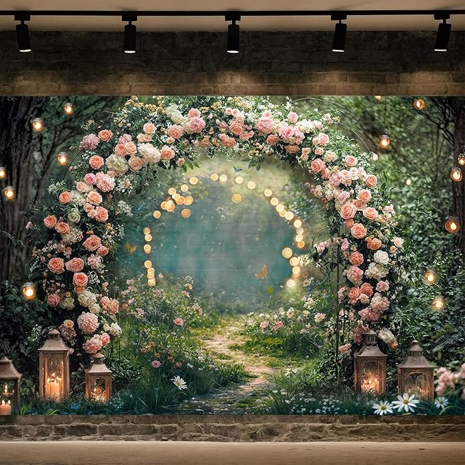 10x10ft Enchanted Forest Wedding Photography Backdrop Wonderland Roses Fairy Tale Backdrop Pink Flower Birthday Newborn Baby Shower Wedding Bridal Party Banner Photo Booth Props Anniversary Background