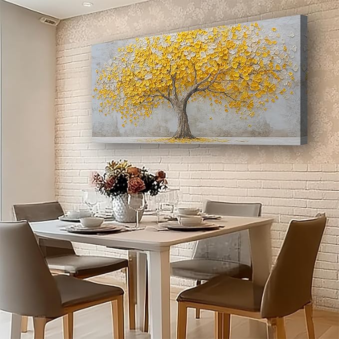 Yellow Abstract Ginkgo Tree Picture Print Canvas Wall Art Living Room Dining Room Office Study Bedroom Wall Decor Wall Art Prints Modern Style Artwork Waterproof Ready to Hang - 20x40 Inch