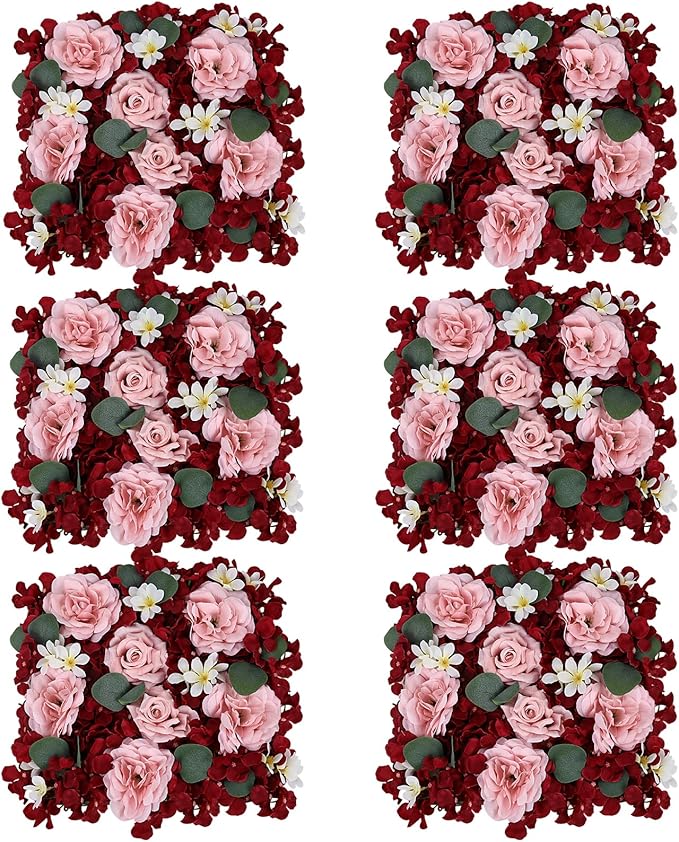 Pack of 6 Artificial Silk Flower Panels, Faux Floral Wall Background for Wedding Party Engagement Bridal Shower Arrangement Home Decorations - Burgundy & Dusty Pink