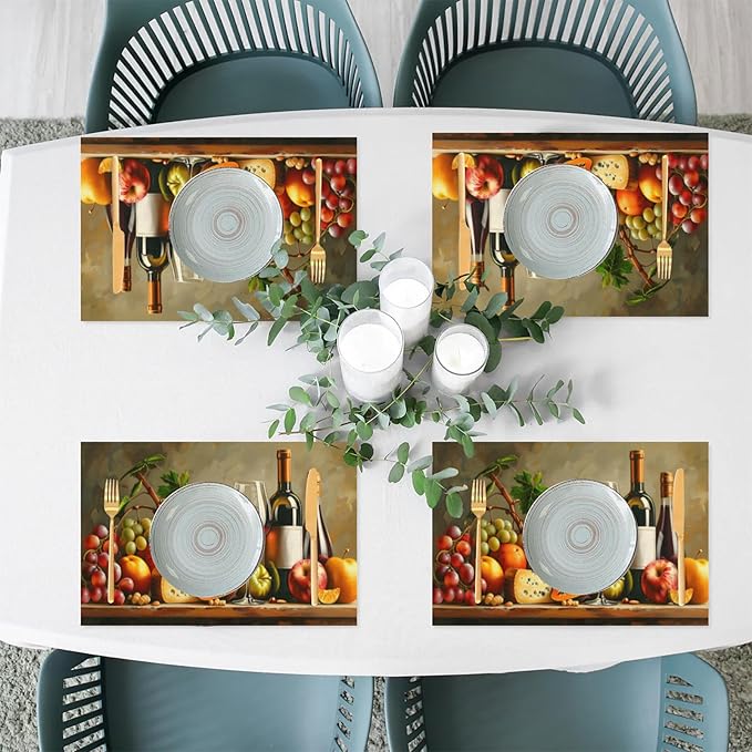 Grapes Fruit Wine PVC Placemats Set of 4 Wipeable Table Mats Washable Heat Resistant Non Slip Vinyl Dining Table Mat for Kithen Indoor Outdoor Patio Farmhouse Place Mats Decorative