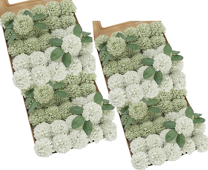 Artificial Flowers, 100pcs Artificial Rose for DIY Wedding Bouquets Centerpieces Arrangements, Sage Green Dahlia Flowers with Stem for Bridal Shower Party Home Decorations