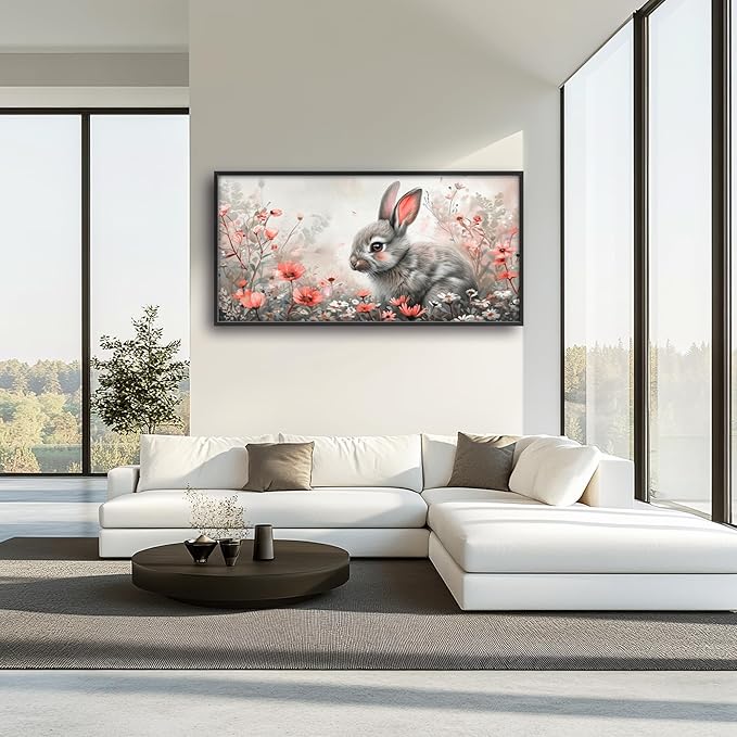 Framed Large Pictures Wall Art for Living Room, Rabbit Bunny Oversized Wall Decor Animal Floral Canvas Print Painting Modern Extra Large Framed Artwork for Bedroom Office 60"x30"