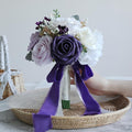 ponatia Purple Wedding Bouquets for Bride Bridesmaid, Cream Wedding Artificial Roses Flowers for Wedding Bouquets Ceremony, Anniversary (Purple & Cream)