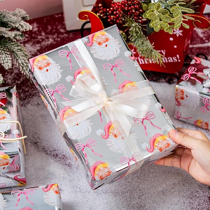 MAYPLUSS Christmas Wrapping Paper Roll - 17 Inch X 33 Feet - Pink Cute Bow Santa Claus Reversible Snowflake Gift Wrapping Paper, Thick Wrap Paper for Holiday Party New Year Kids