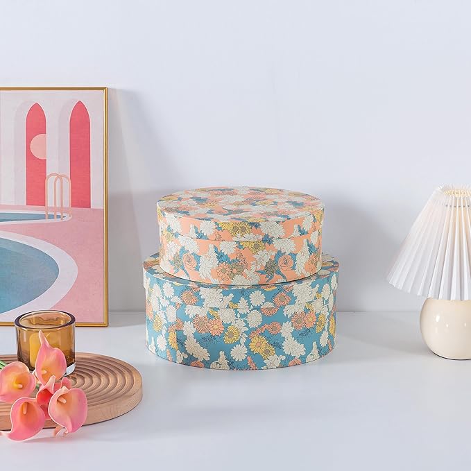 Soul & Lane Decorative Oblong Cardboard Storage Boxes with Lids, Set of 2 Floral Paperboard Keepsake Memory Boxes, Oval Nesting Storage for Gifts and Home Décor (Floral Elegance)