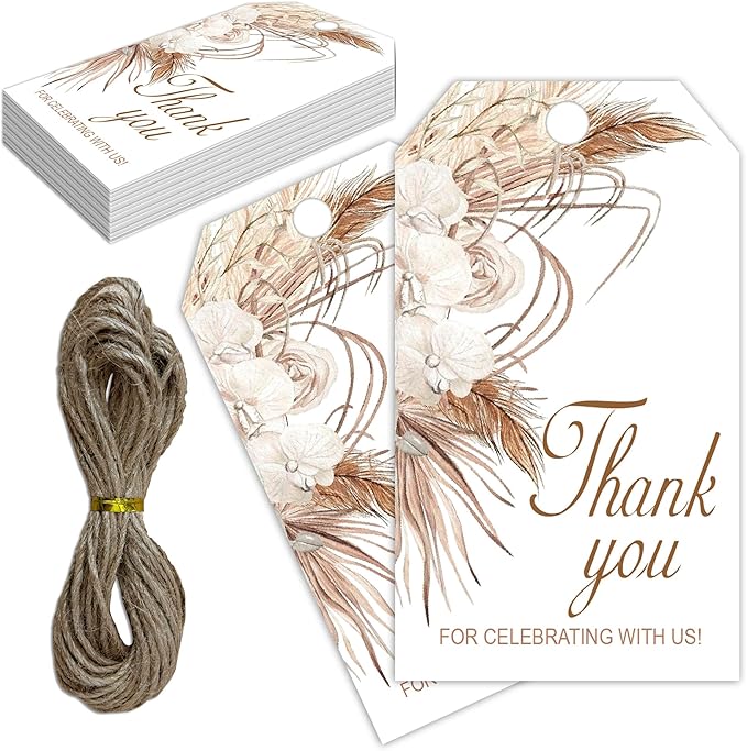 Thank You for Celebrating with Us Tag, 50 Pcs Boho Thank You Paper Lables, 2x3 Inch Gift Tags with String for Wedding Birthday Baby Shower Bridal Shower, Party Decoration-A05
