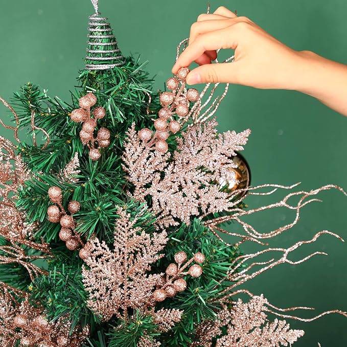 75 Pcs Christmas Glitter Branches 3 Styles Artificial Christmas Picks Berries Stems Pine Needles Floral Twig Spray for Xmas Tree Ornaments DIY Wreath Garland(Rose Gold)