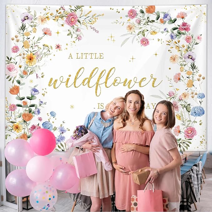 MEHOFOND 7x5ft Wildflower Baby Shower Decorations Banner A Little Wildflower is On The Way Baby Shower Backdrop Floral Theme Baby Girls' New Born Photoshoot Background