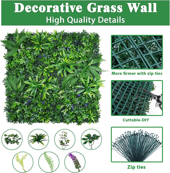 16pcs 20''x20'' Grass Wall Panels, Artificial Hedge Panels Greenery Wall, UV Protected Faux Grass Backdrop Privacy Fence Screen, Greenery Wall for Outdoor Indoor Garden Birthday Wedding Decor