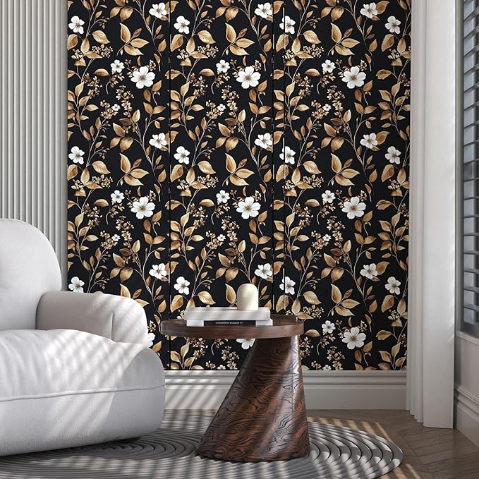 Vintage Black Peel and Stick Wallpaper – Black and Gold Floral Leaf Design Dark Metallic Self-Adhesive Vinyl Contact Paper for Bedroom, Cabinet, Drawer, Shelf Removable Wall Paper 17.5" x 118"