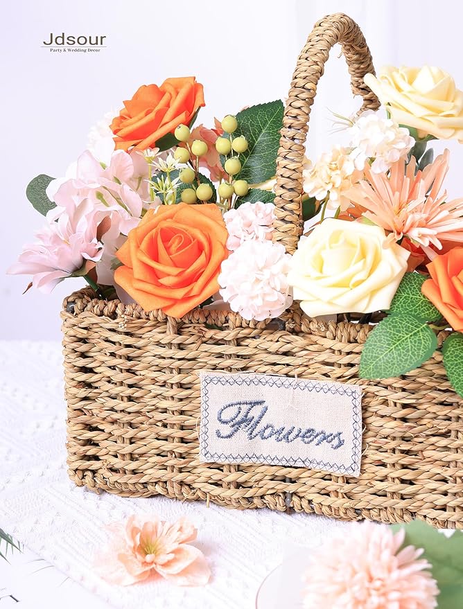 50pcs Artificial Flower，Real Touch Foam Roses w/Stem DIY for Wedding Bouquet Centerpieces Party Shower Home Decor-Yellow Orange