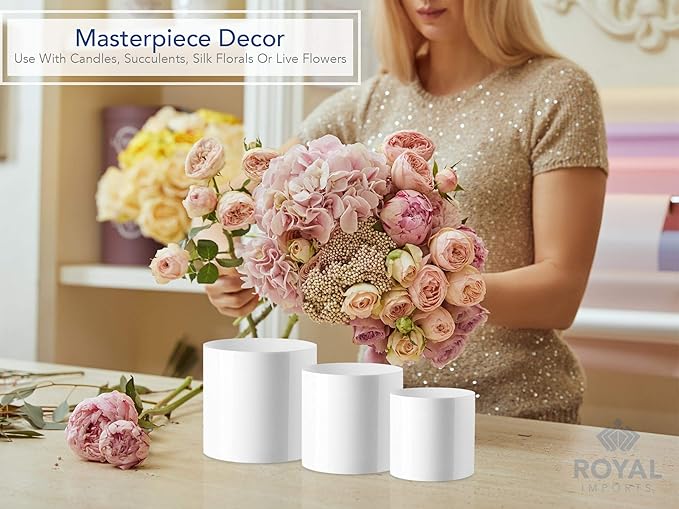 Royal Imports Flower Acrylic Vases Cylinders - Decorative Centerpiece Display for Home or Wedding - Non Breakable Plastic, Set of 3 (4", 5", 6") - White