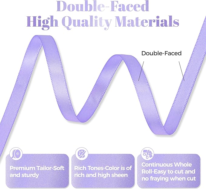 Lilac Satin Ribbon, Double Faced 1/4 Inch X 50 Yards, Premium Polyester Satin Ribbon for Gift Wrapping, Crafts, Wedding Decor