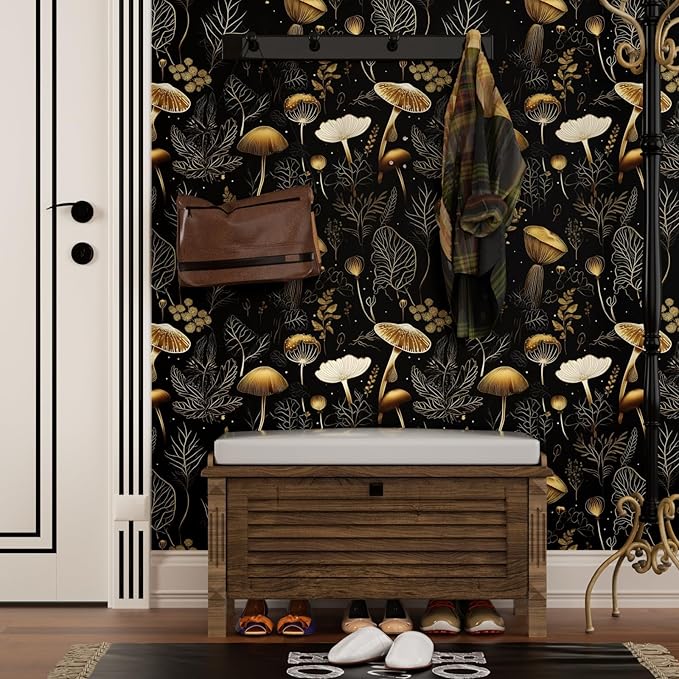 Boho Wallpaper Peel and Stick Dark Floral Contact Paper 17.5" x 393" Vinyl Self Adhesive Vintage Mushrooms Wall Mural Leaf Wall Paper for Room Countertop Drawer Decor(Golden,Black)