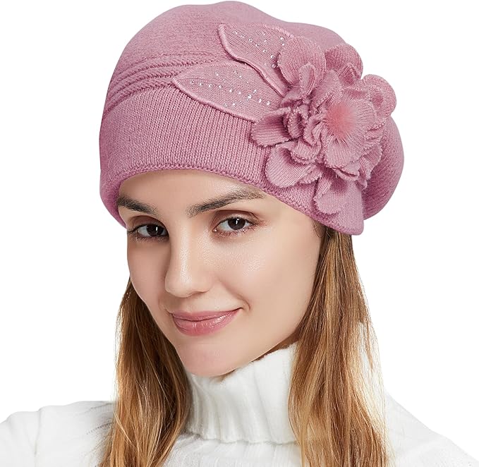Flower Women Beret, Double Layer Thickened Winter Knitted Beanie Beret Hat, Stylish French Dress Beret Hats for Women