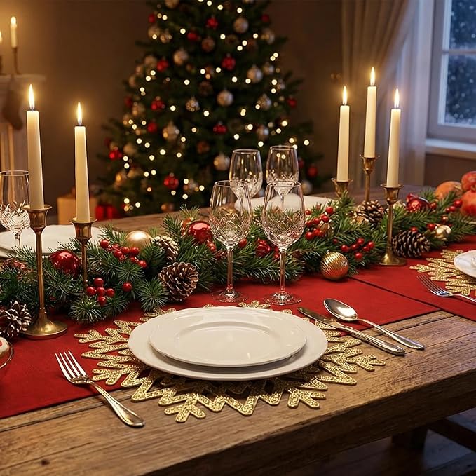 Snowflake Placemats Set of 6, Washable Christmas Placemats Snowflake Tablemats Hollow Out Round Vinyl Place Mats for Dining Table Setting Kitchen Table Mats Christmas Decoration(Gold Snowflake)