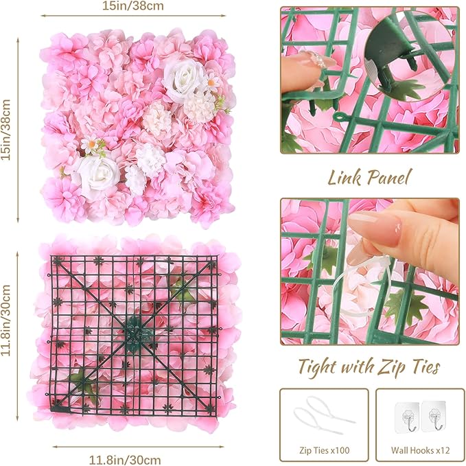Artificial Silk Flower Wall Panel Pink Decorative Floral Background Silk Rose Mat for Wedding Party Backdrop Wall Decor Shop Photo Backdrop Floral Wall Arrangement 15 * 15in 12Pcs