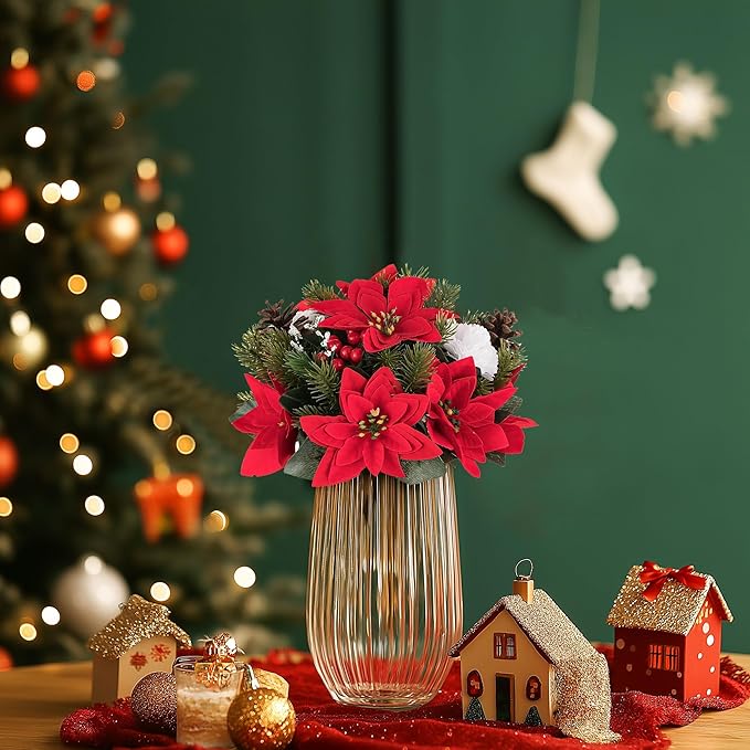 BLOSMON Poinsettias Artificial Christmas Flowers: 2 Pcs Red Fake Floral Ball Centerpieces for Tables Decorations Silk Faux Poinsettia Winter Holiday Flower Arrangement Xmas Plant Ornaments Decor