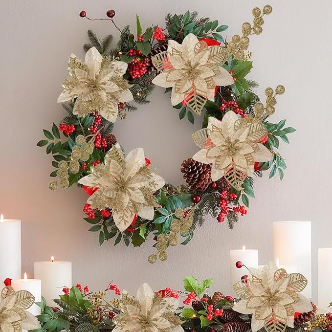24 Pcs Gold Boxed Christmas Poinsettia Flowers Set, 16 Pcs Artificial Poinsettias with Clips, 8 pcs Glitter Christmas Tree Ornaments Berry Stems for Wedding Home Holiday Xmas New Year Decorations