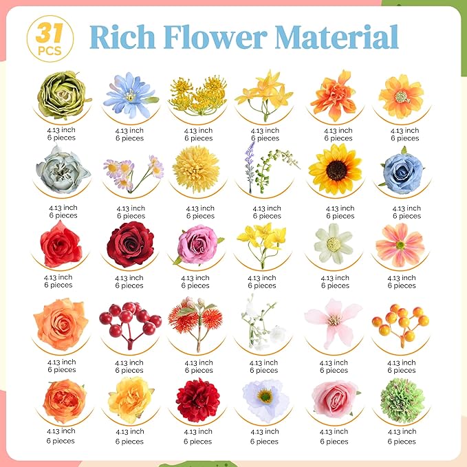 Artificial Flowers Combo Box, Fake Silk Foam Flower Mix with Wire Stem, DIY Wedding Bridal Bouquet Shower Party Home Décor (30-40 Pieces) (Rainbow)