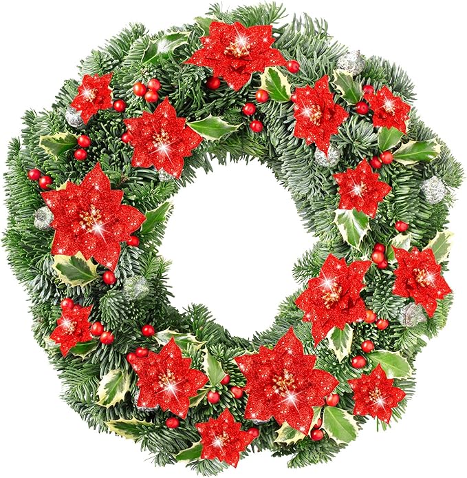 Boao 24 Pieces Glitter Poinsettia Artificial Christmas Flowers Poinsettia Decorations Wedding Christmas Tree Ornaments, 3/4/6 Inches (Red)