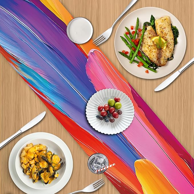 Vibrant Abstract Art Table Runner – 13x72 Inch Colorful Brushstroke Design on Linen-Look Fabric, Modern Artistic Dining Table Decor for Home, Parties & Creative Spaces