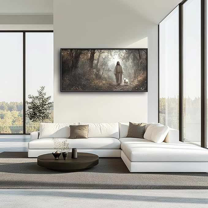 Vintage Christian Large Wall Art Framed Religious Wall Decor for Living Room Jesus Lamb Pictures Oversized Canvas Print Painting Modern Extra Large Artwork for Bedroom Office 60"x30"