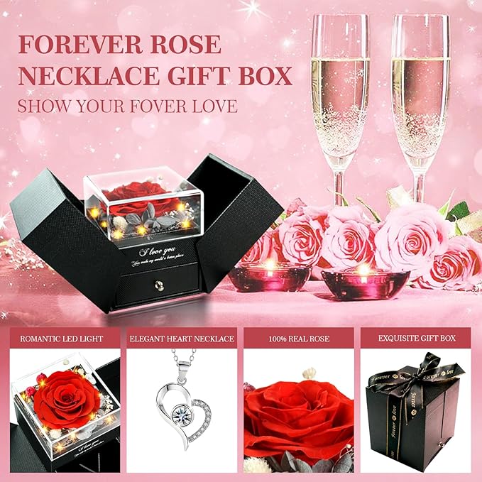Preserved Real Roses with Heart Necklace I Love You in 100 Languages, Romantic Anniversary Christmas Gifts for Wife Girlfriend, Forever Roses Necklace Gifts