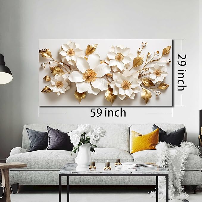 JuhaiArt Large Floral Wall Decor 3D Flower White Wall Art Elegant Gold Canvas Decor for Bedroom Living Room Office Picture Artwork 29" x 59"