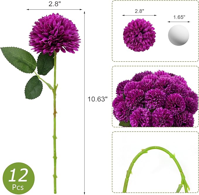 SITUMEIZI 12 Pcs Purple Flowers Artificial Chrysanthemums Ball Flower Fake Mums Silk for Wedding Home Kitchen Decoration Floral Arrangement